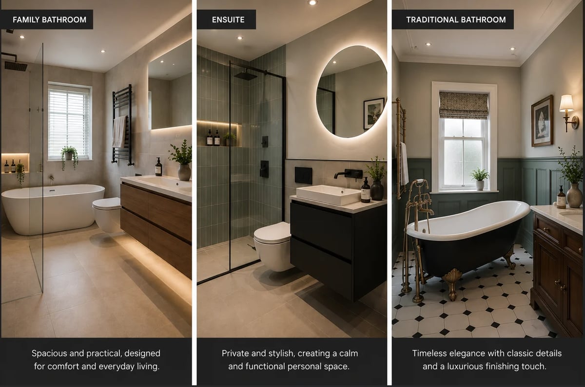 Three modern bathroom designs: family bathroom with freestanding tub, ensuite with frameless shower, and traditional bathroom with clawfoot tub and patterned tile floor
