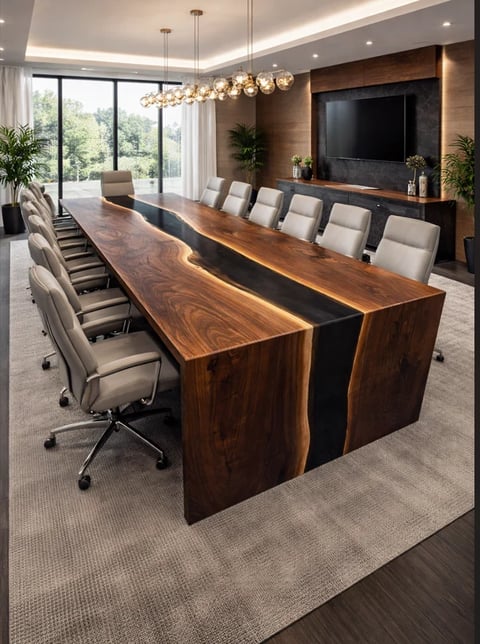 Conference room with large wood slab table