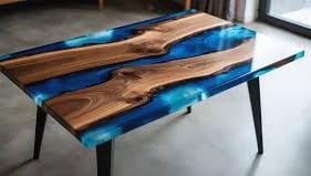 Wooden table with blue epoxy resin inlay