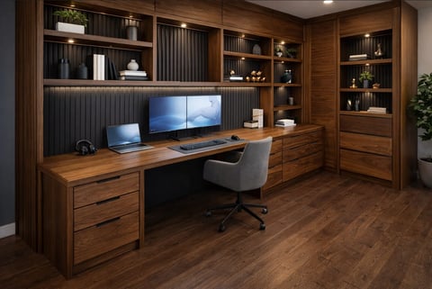 Modern home office with built-in shelving