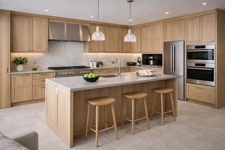Modern kitchen with light wood cabinetry, stainless steel appliances, white countertop island with three wood stools