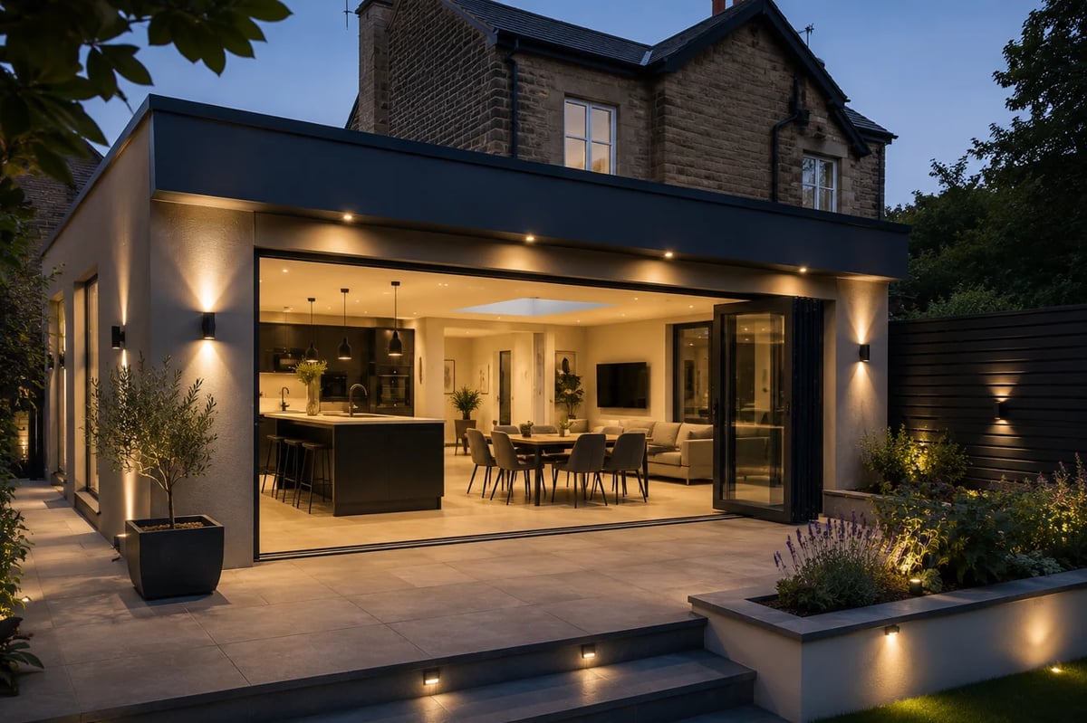 Modern extension with illuminated glass walls attached to brick house at dusk, featuring contemporary patio with lighting