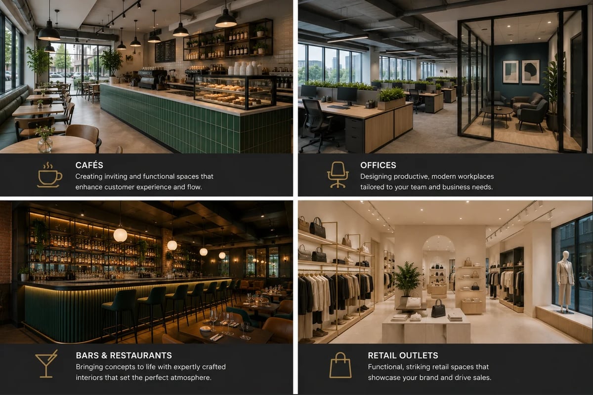 Grid of four commercial interior spaces: modern cafe with green counter, bright office workspace, elegant bar with ambient lighting, and upscale retail boutique with clothing displays