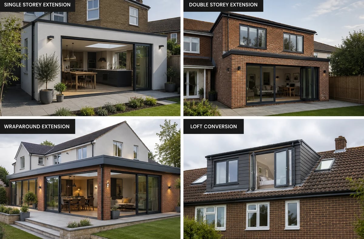 Four types of home extensions: single storey, double storey, wraparound, and loft conversion with modern architectural designs