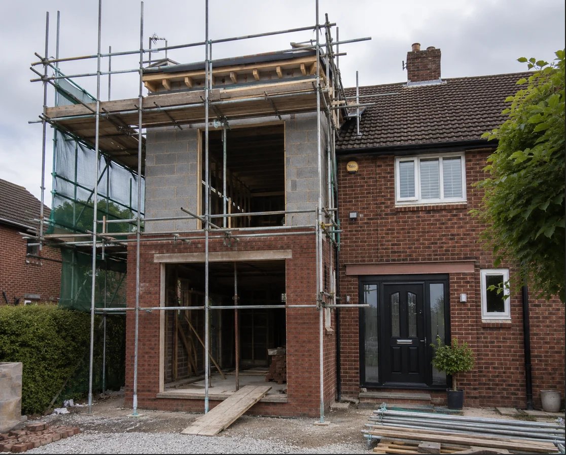 Red brick house under renovation with metal scaffolding, removal of upper wall, and exposed interior framework