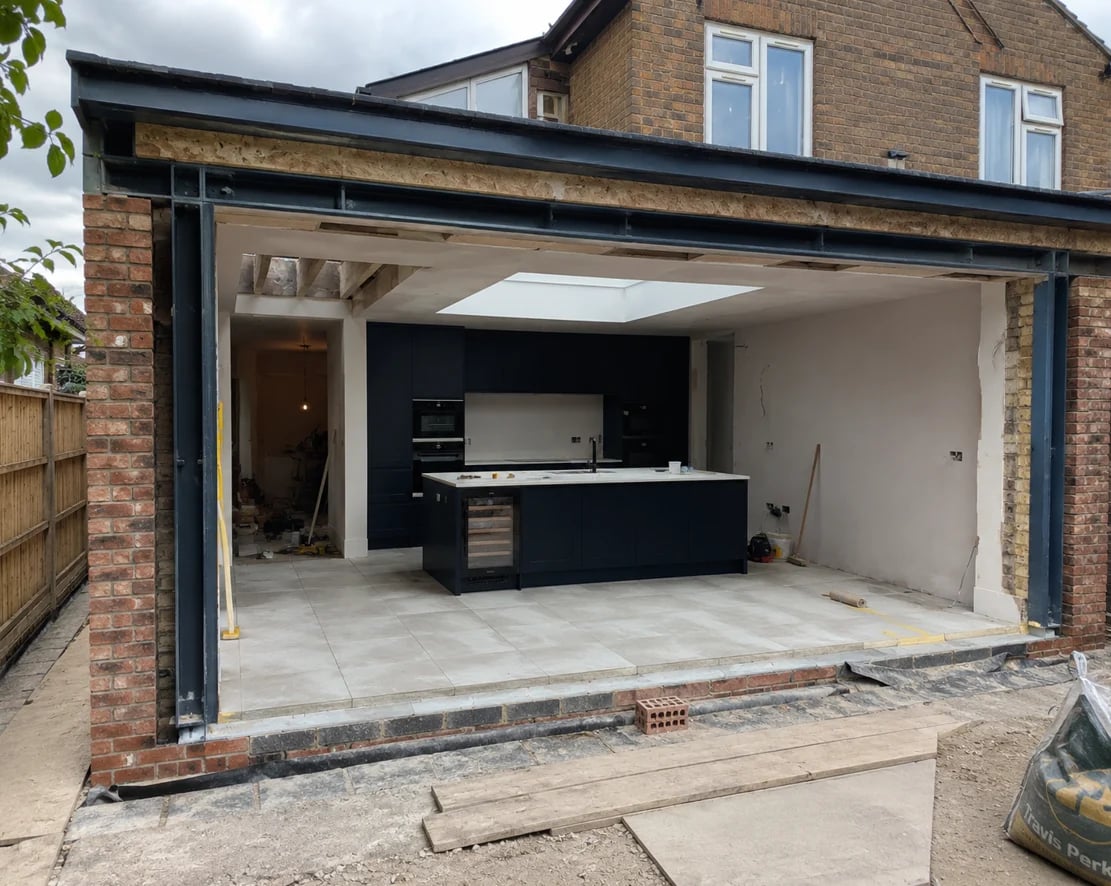 Modern brick house with open-plan kitchen extension, featuring black cabinetry and white walls under a skylight