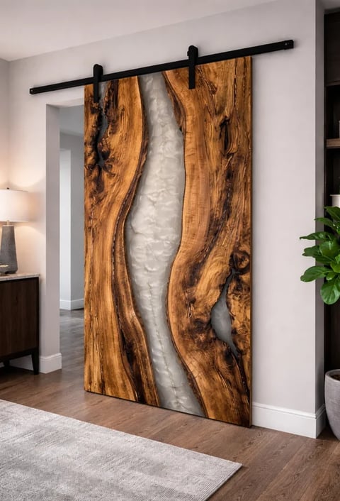 Sliding barn door with wood and gray resin inlay
