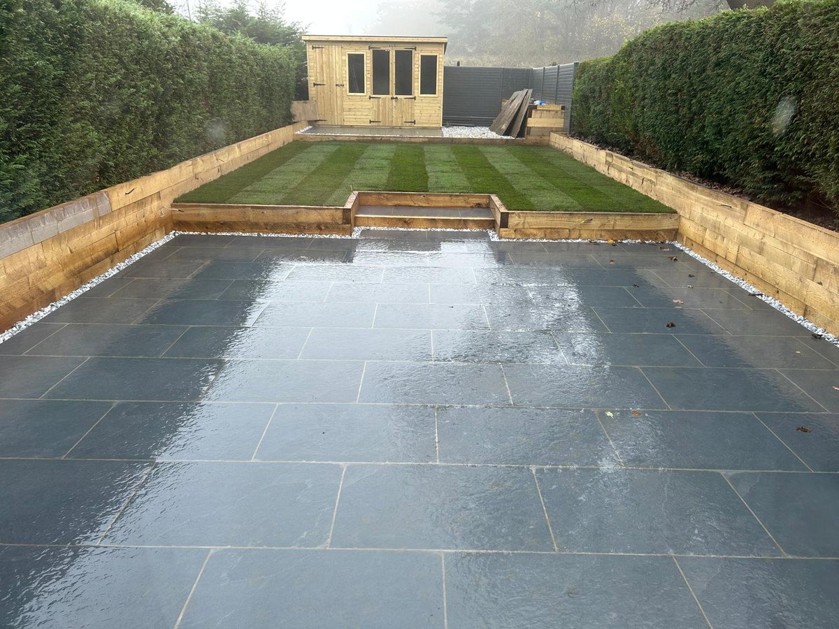 Wet patio with striped lawn, raised garden beds, and wooden shed in enclosed garden space