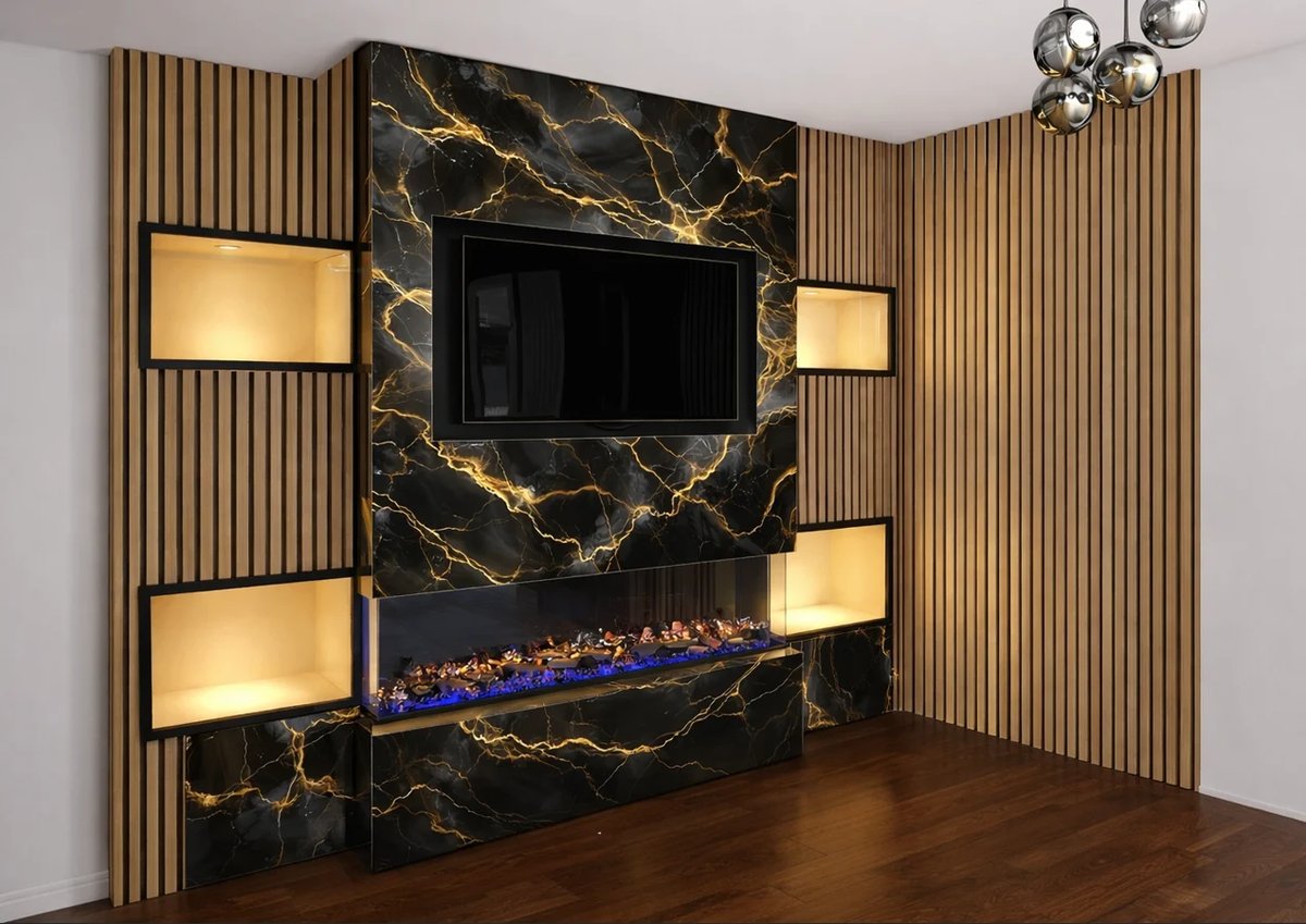 Modern entertainment wall with black marble accent, wall-mounted TV, electric fireplace, wooden paneling, and illuminated shelving alcoves