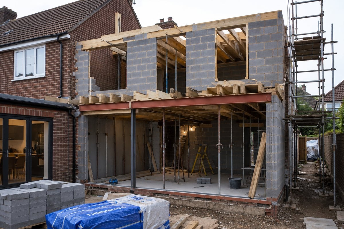 House extension under construction showing brick wall, wooden frame, metal scaffolding, and blue protective covering on materials in front yard