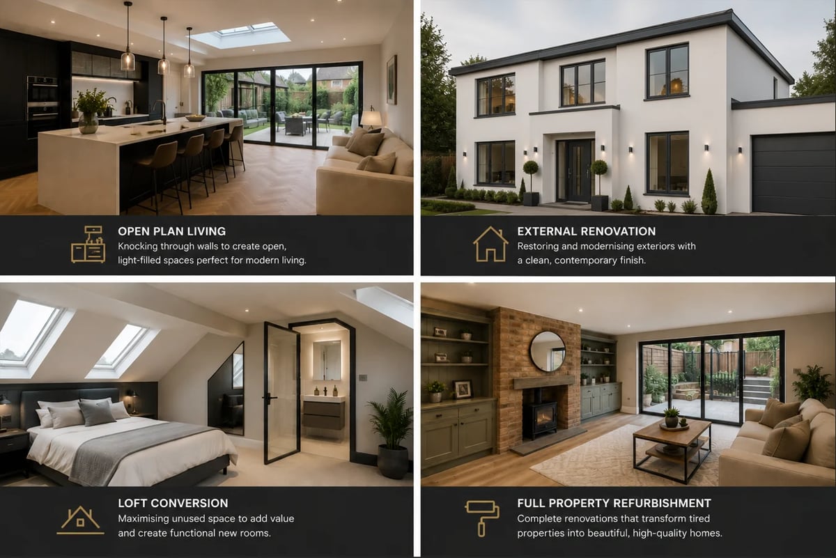 Grid of four home renovation examples showing open plan living, external renovation, loft conversion, and full property refurbishment
