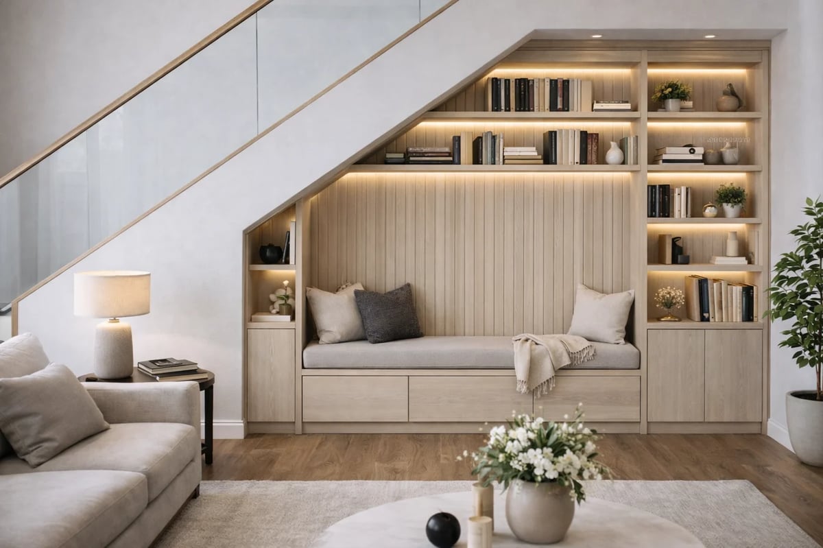 Modern living room with built-in bench seating under stairs, wall shelving, beige armchair, wooden flooring, and potted plants