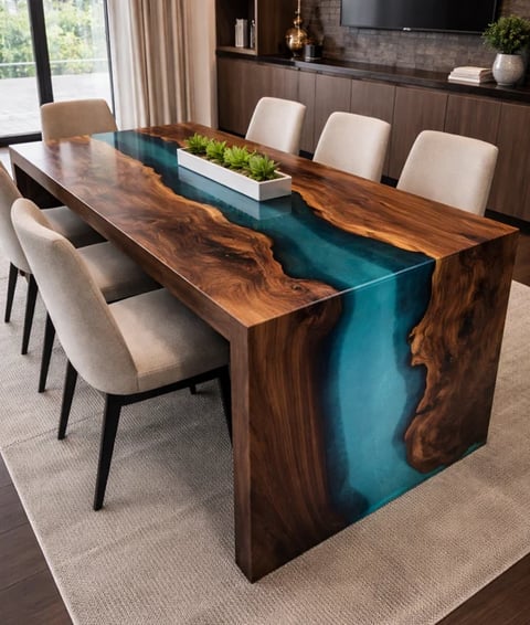 Live edge wood dining table with turquoise resin centerpiece
