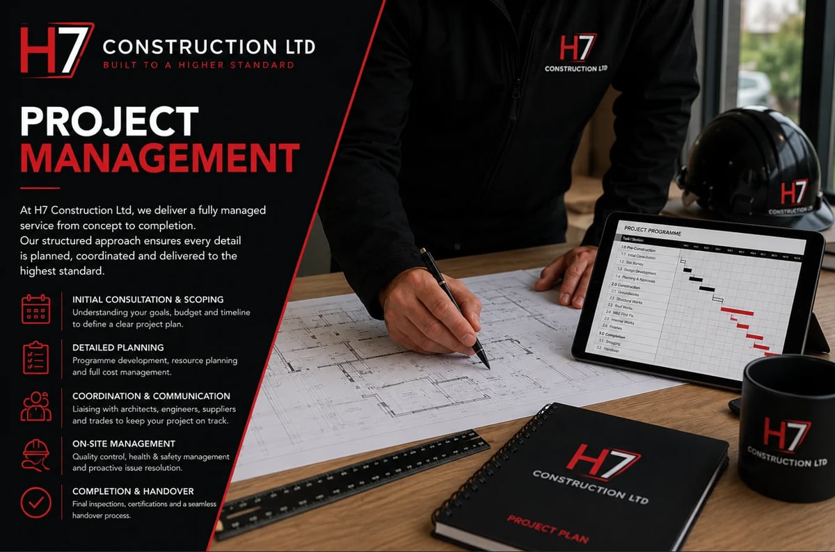 H7 Construction Ltd project management service overview showing contractor reviewing blueprints and Gantt chart on laptop at desk