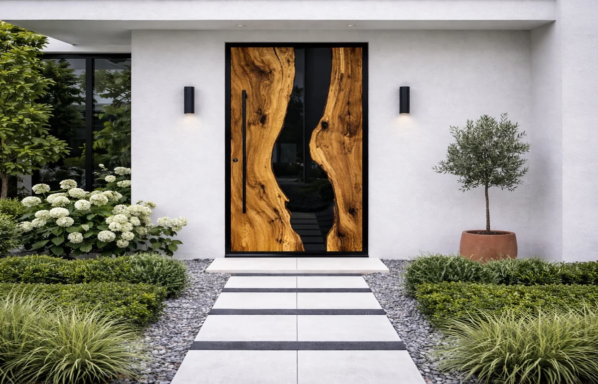 Modern white house entrance with wooden black-framed door, white stone pathway, landscaping with white flowers and potted tree